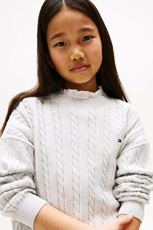 Kız Çocuk Regular Fit Fırfır Yakalı Saç Örgüsü Desenli Triko Kazak - Gri | 10 Yaş