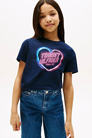 Kız Çocuk Kalp Baskılı Relax Fit T-Shirt – Lacivert | 6 Yaş