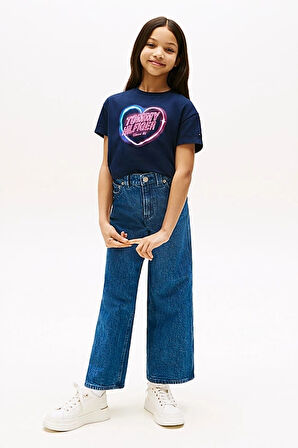 Kız Çocuk Kalp Baskılı Relax Fit T-Shirt – Lacivert | 7 Yaş