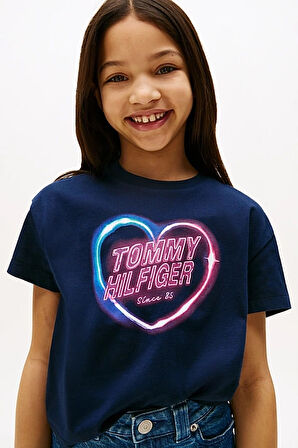 Kız Çocuk Kalp Baskılı Relax Fit T-Shirt – Lacivert | 7 Yaş