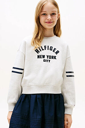 Kız Çocuk Yarasa Kollu Baskılı Sweatshirt - Gri Melanj | 12 Yaş