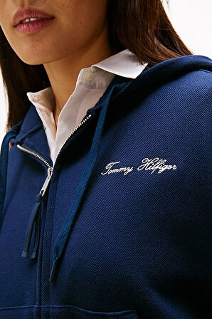 Kadın Tam Kalıp Fermuarlı Kapüşonlu Pike Sweatshirt - Lacivert | XS