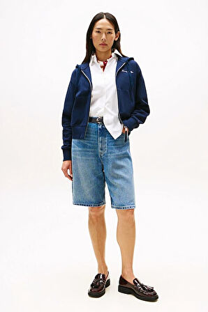 Kadın Tam Kalıp Fermuarlı Kapüşonlu Pike Sweatshirt - Lacivert | S