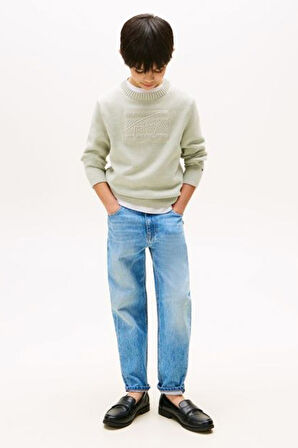 Erkek Çocuk Bisiklet Yaka Göğsü Kabartma Desenli Triko Kazak - Açık Yeşil | 14 Yaş