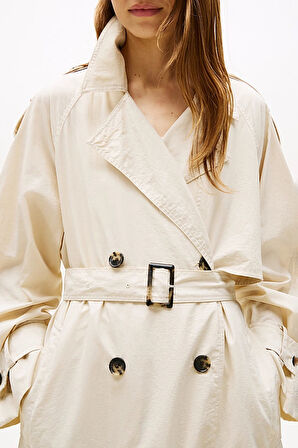 Kadın Oversize Fit Kemerli Trençkot - Krem | M-L