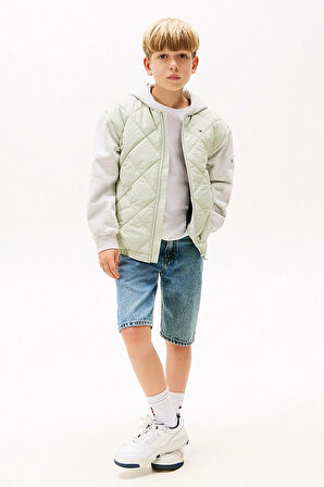 Erkek Çocuk Kapüşonlu Karışık Kumaşlı Kapitone Mont - Yeşil/Gri | 8 Yaş