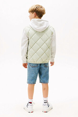 Erkek Çocuk Kapüşonlu Karışık Kumaşlı Kapitone Mont - Yeşil/Gri | 8 Yaş