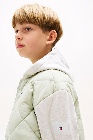 Erkek Çocuk Kapüşonlu Karışık Kumaşlı Kapitone Mont - Yeşil/Gri | 8 Yaş