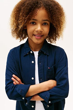 Erkek Çocuk Dokulu Pamuklu Gömlek - Lacivert | 12 Yaş