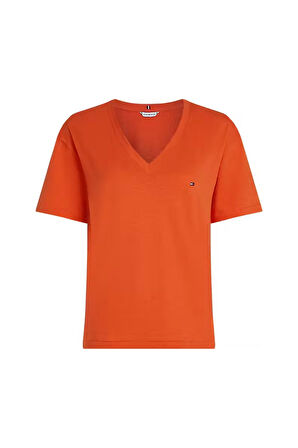 Kadın Slub Crop V-Neck Kısa Kollu T-Shirt - Turuncu | XS