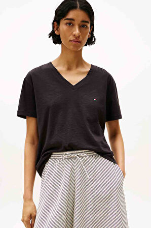 Kadın Slub Crop V-Yaka Kısa Kol T-Shirt - Siyah | S
