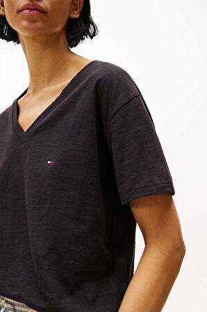 Kadın Slub Crop V-Yaka Kısa Kol T-Shirt - Siyah | S