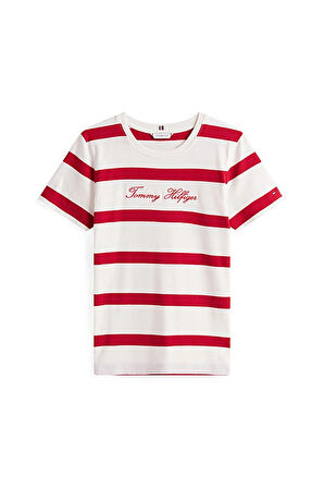 Kadın Çizgili ve Yazı Nakışlı T-Shirt - Beyaz/Kırmızı | S