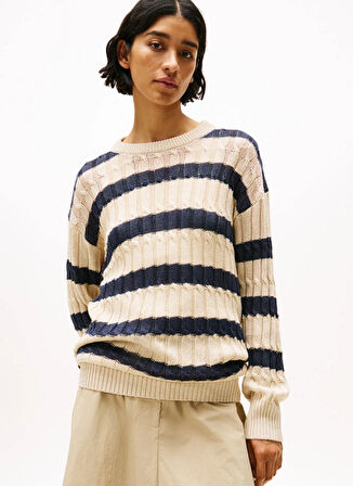 Tommy Hilfiger Yuvarlak Yaka Standart Çizgili Bej Kazak Kadın WW0WW444810AN