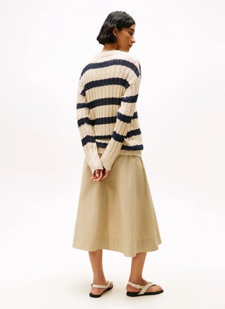 Tommy Hilfiger Yuvarlak Yaka Standart Çizgili Bej Kazak Kadın WW0WW444810AN