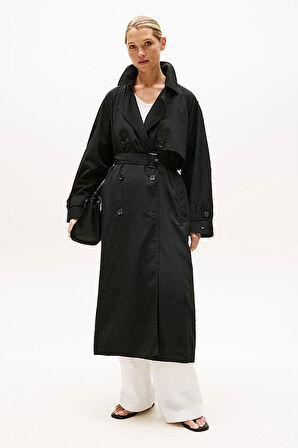 Kadın Oversize Fit Kemerli Trençkot - Siyah | XS-S