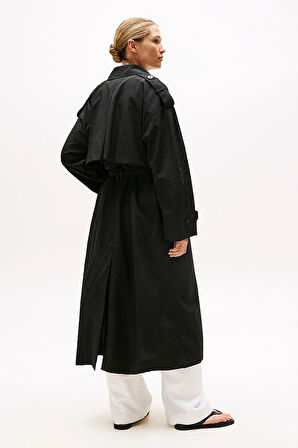 Kadın Oversize Fit Kemerli Trençkot - Siyah | XS-S