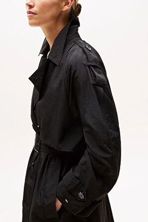 Kadın Oversize Fit Kemerli Trençkot - Siyah | XS-S