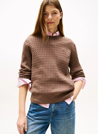 Tommy Hilfiger Yuvarlak Yaka Standart Düz Kahve Kazak Kadın WW0WW44993GTO