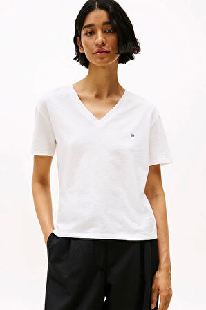 Kadın Crop V Yaka Kısa Kollu T-Shirt - Ekru | M