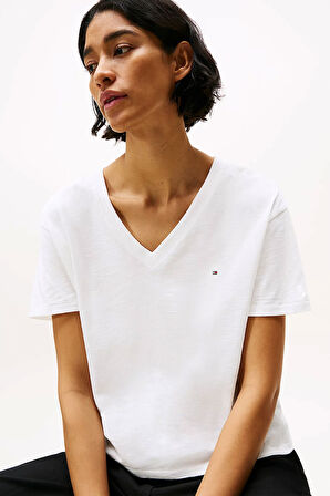 Kadın Crop V Yaka Kısa Kollu T-Shirt - Ekru | M