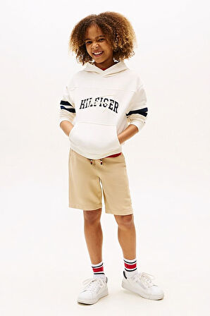 Erkek Çocuk Kolları Şeritli Grafik Baskılı Kapüşonlu Sweatshirt - Krem | 7 Yaş