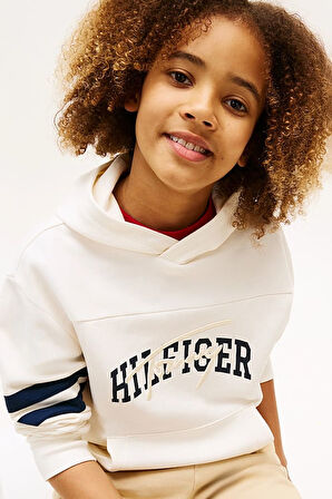 Erkek Çocuk Kolları Şeritli Grafik Baskılı Kapüşonlu Sweatshirt - Krem | 7 Yaş