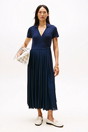 Kadın 1985 Midi Kruvaze Eteği Piliseli Polo Elbise - Lacivert | XS