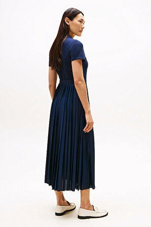 Kadın 1985 Midi Kruvaze Eteği Piliseli Polo Elbise - Lacivert | M