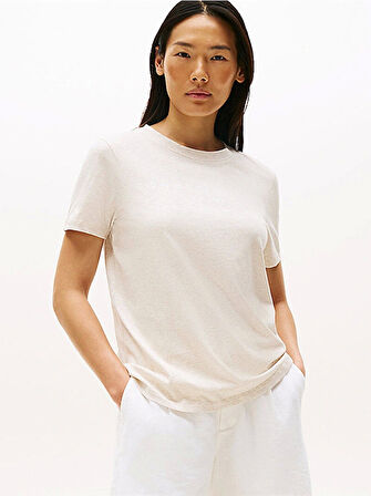 Tommy Hilfiger REG CORP LOGO C-NK SS Kadın Bej Badi WW0WW40276ADK