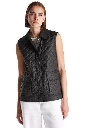 Kadın Slim Fit Kapitone Gömlek Yaka Yelek - Siyah | S