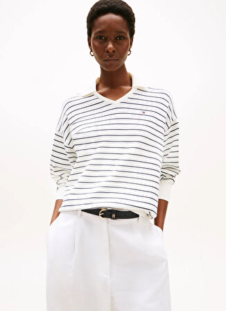 Tommy Hilfiger Standart Çizgili Beyaz Kazak Kadın WW0WW456950FH