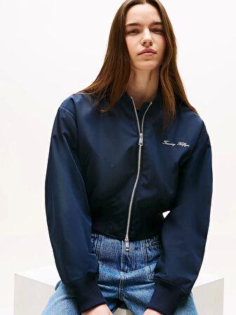 Tommy Hilfiger Kadın Naylon Normal Kesim Kısa Mavi Bomber  Ceket WW0WW45634C1G
