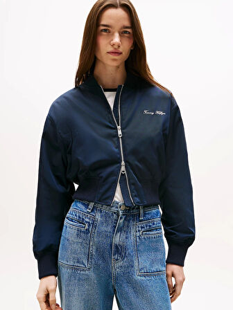 Tommy Hilfiger Kadın Naylon Normal Kesim Kısa Mavi Bomber  Ceket WW0WW45634C1G
