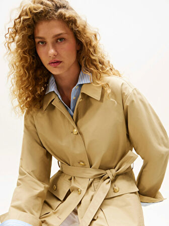 Tommy Hilfiger Kadın Pamuklu Naylon Normal Kesim Bej Safari  Ceket WW0WW45620AEX