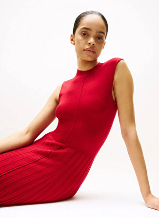 Tommy Hilfiger Yuvarlak Yaka Düz Kırmızı Uzun Kadın Elbise WW0WW45653XLD