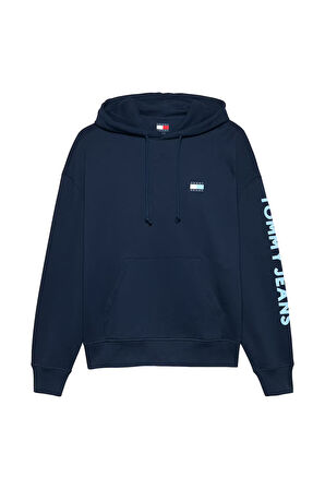Erkek Cropped Fit Kapüşonlu Kol Baskılı Sweatshirt - Lacivert | XS