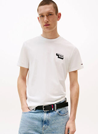 Tommy Jeans Bisiklet Yaka Baskılı Beyaz Erkek T-Shirt DM0DM21539YBL TJM SLIM STACK LOGO T