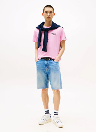 Tommy Jeans Bisiklet Yaka Baskılı Pembe Erkek T-Shirt DM0DM21539U06 TJM SLIM STACK LOGO T