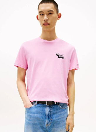 Tommy Jeans Bisiklet Yaka Baskılı Pembe Erkek T-Shirt DM0DM21539U06 TJM SLIM STACK LOGO T