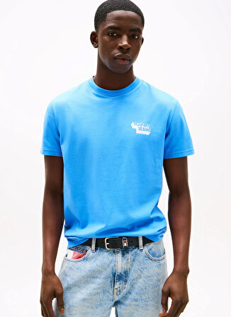 Tommy Jeans Bisiklet Yaka Baskılı Mavi Erkek T-Shirt DM0DM21539C39 TJM SLIM STACK LOGO T