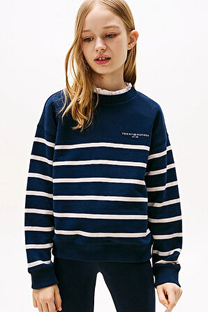 Unisex Çocuk Çizgili ve Logo Nakışlı Sweatshirt - Lacivert/Beyaz | 10 Yaş