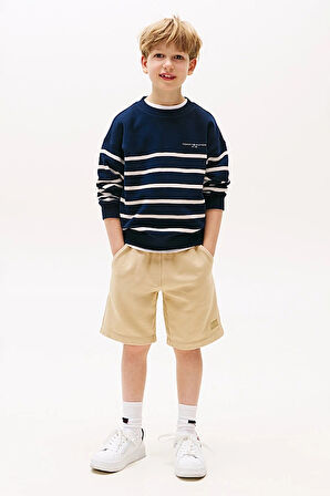 Unisex Çocuk Çizgili ve Logo Nakışlı Sweatshirt - Lacivert/Beyaz | 12 Yaş