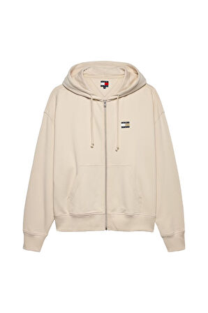 Erkek Cropped Fit Kapüşonlu Fermuarlı Sweatshirt - Krem | L
