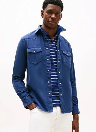 Tommy Hilfiger Normal Gömlek Yaka Mavi Erkek Gömlek MW0MW40684DAH_DENIM SHIRT GMD