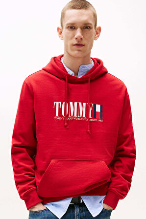Erkek Regular Fit Kapüşonlu Grafik Logolu Sweatshirt - Kırmızı | S
