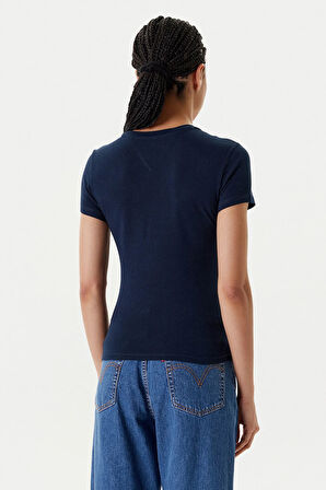 Kadın Slim Fit Logolu T-shirt - Lacivert | L