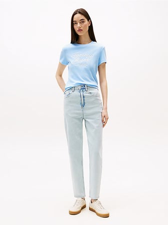 TOMMY HILFIGER Kadın Marka Deri Rozetli Yüksek Bellİ Daralan Paçalı Pamuklu Şık Görünüşlü Günlük Kullanıma Uygun Denim Jeans Mavi Jeans DW0DW20496 1AB