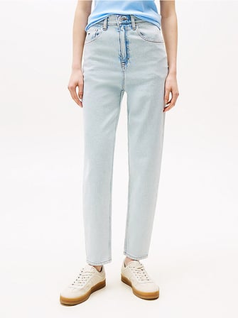 TOMMY HILFIGER Kadın Marka Deri Rozetli Yüksek Bellİ Daralan Paçalı Pamuklu Şık Görünüşlü Günlük Kullanıma Uygun Denim Jeans Mavi Jeans DW0DW20496 1AB