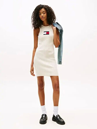 Tommy Jeans TJW FLAG SWEATER MINI DRESS EXT Kadın Beyaz Elbise DW0DW20877YBL